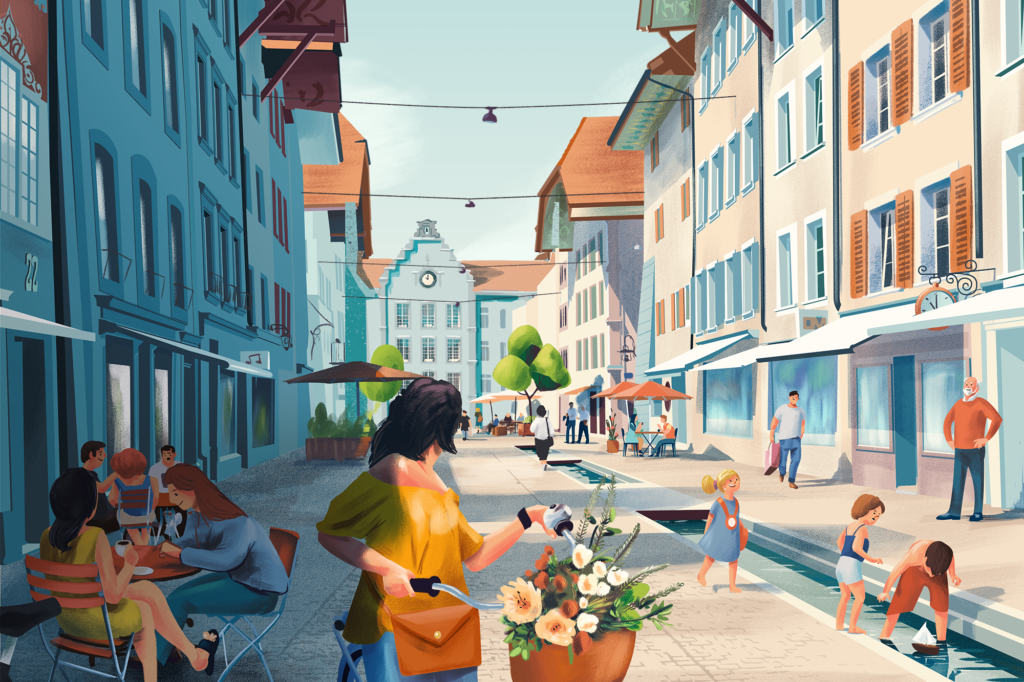 Illustration einer belebten Altstadt als attraktiver Lebensraum