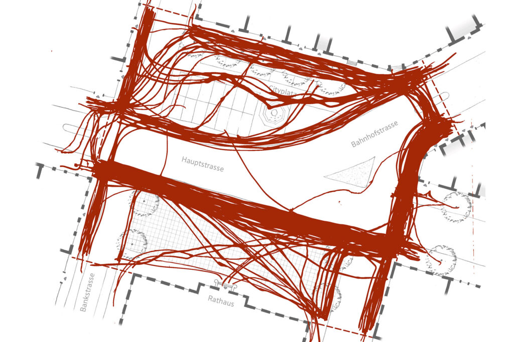 Bewegungslinien der Fussgänger*innen auf dem Rathausplatz Glarus