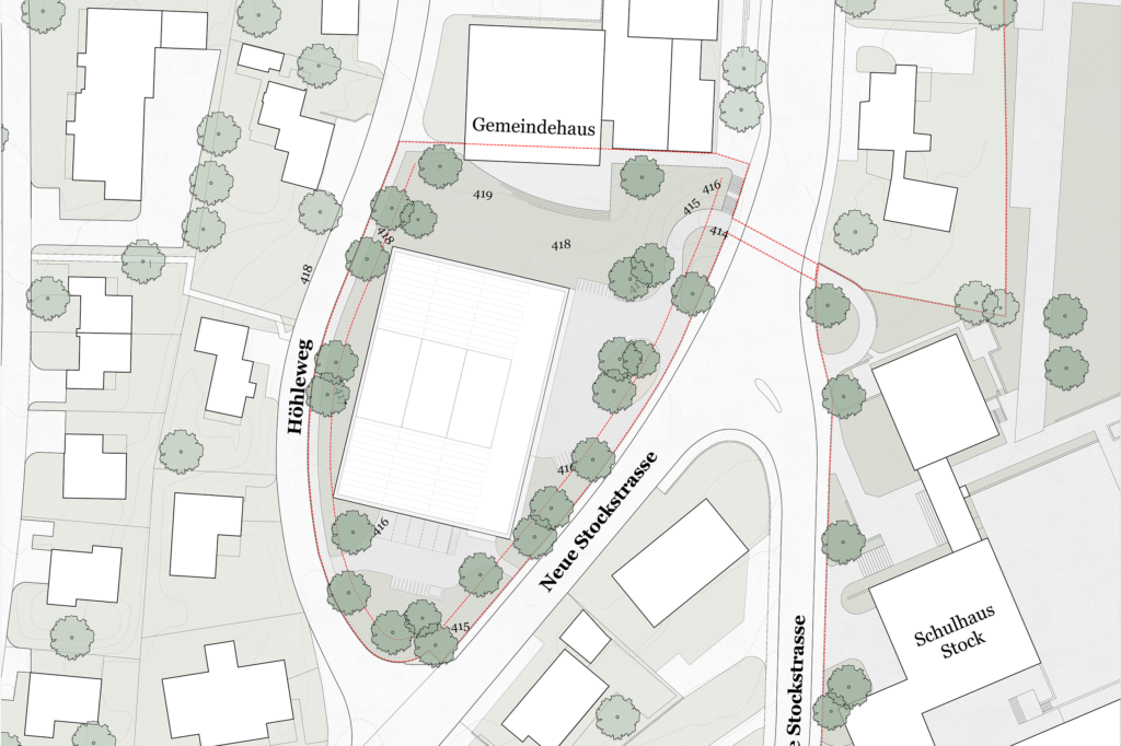 Situationsplan, die Neubauten der Schulanlage sollen südlich des Gemeindehauses Rombach realisiert werden.