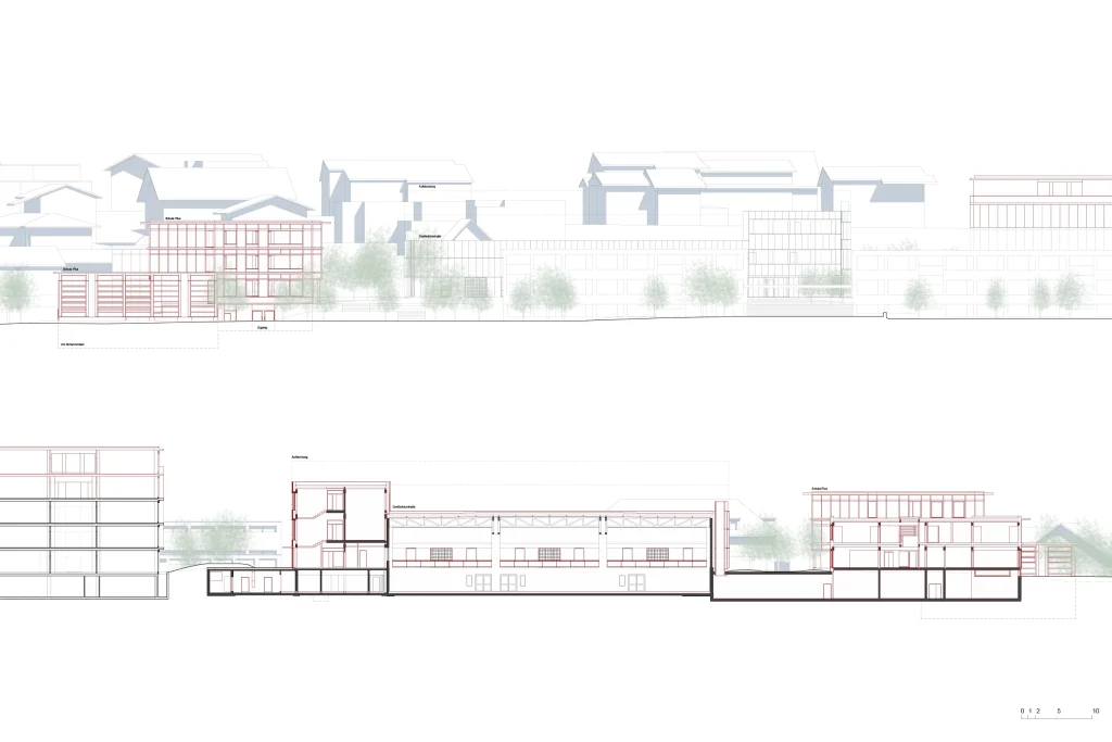 Ansicht der Gesamtanlage und Längsschnitt durch das Areal. Die Turnhalle wird mehrheitlich erhalten.