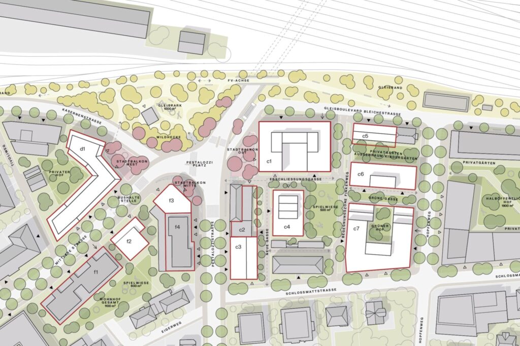 Ein Plan zeigt das Quartier Bahnhof West in Thun, wie es in Zukunft aussehen könnte: mit vielen öffentlichen Plätzen und einem Park. Manche Gebäude werden vielleicht umgebaut oder duch grössere Gebäude ersetzt.