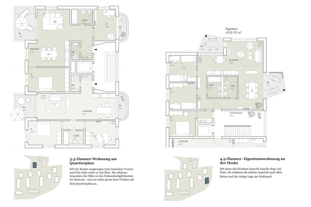 Mustergrundriss der 4.5 und 3.5 Zimmer Wohnungen in den Punktbauten.