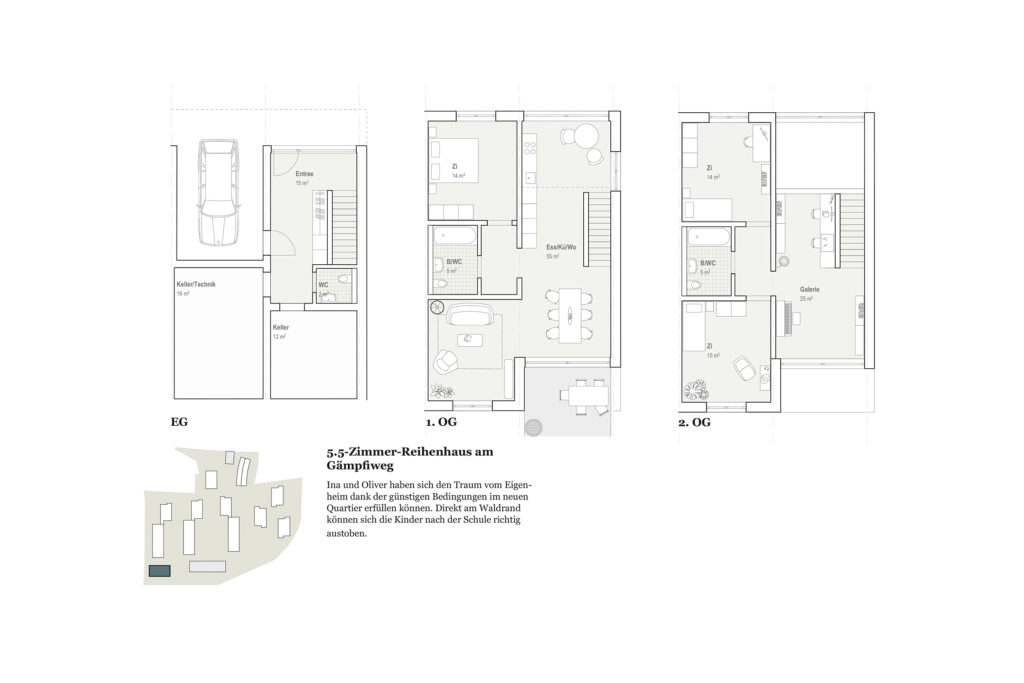 Mustergrundriss der 5.5 Zimmer Reihenhäuser.