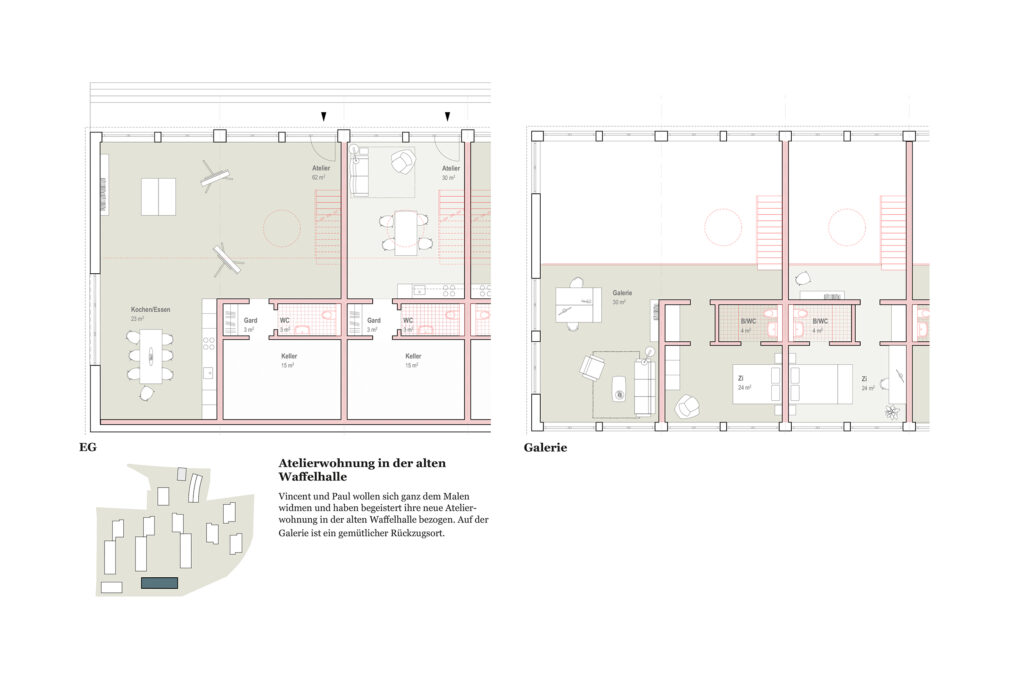 Mustergrundriss der Atelierwohnungen in der alten Waffelhalle.