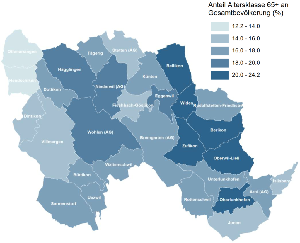 Regionen im Aargau: Anteil der über 65-Jährigen