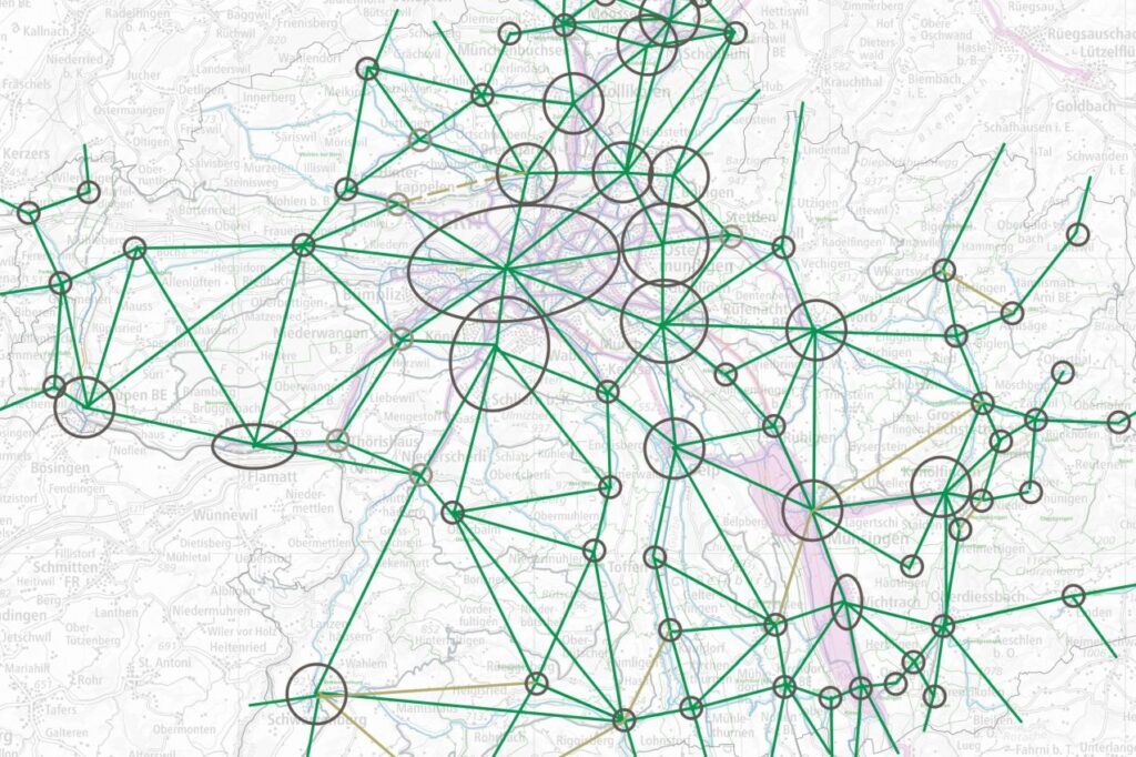 Les traits et les cercles indiquent les lignes souhaitées pour les itinéraires cyclables à travers le Mittelland bernois.